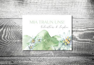kartlerei bayrische einladungskarten hochzeitskarten einladung edelweiss berge3 400x275 - Trachtenhochzeit