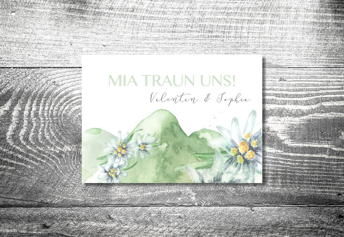 kartlerei bayrische einladungskarten hochzeitskarten einladung edelweiss berge3 - Heiraten in den Bergen