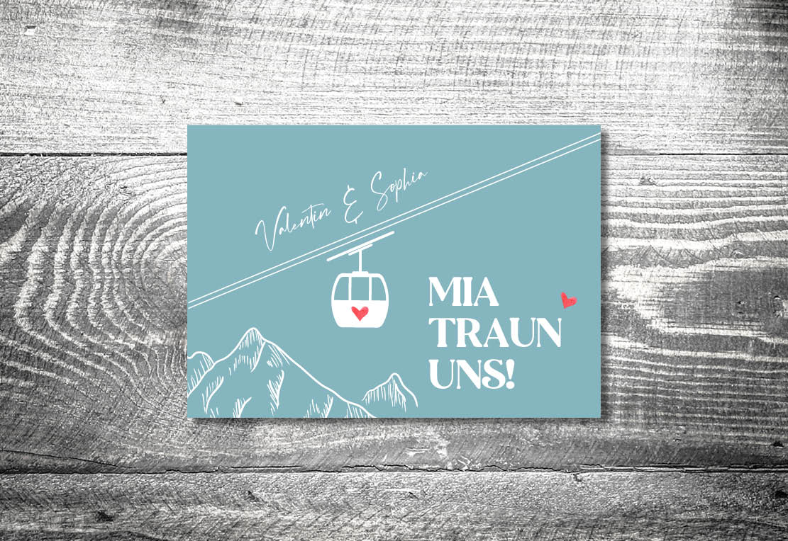 kartlerei bayrische einladungskarten hochzeitskarten einladung herzlgondel bergbahn berge - Change the Date