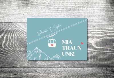 kartlerei bayrische einladungskarten hochzeitskarten einladung herzlgondel bergbahn berge3 400x275 - Trachtenhochzeit