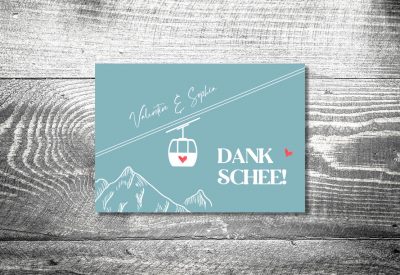 kartlerei bayrische einladungskarten hochzeitskarten einladung herzlgondel bergbahn berge7 400x275 - Dankeskarte mit Fotostreifen
