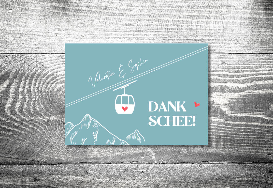 kartlerei bayrische einladungskarten hochzeitskarten einladung herzlgondel bergbahn berge7 - Dankeskarte mit Fotostreifen